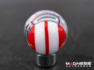 MINI Cooper Gear Shift Knob - Chrome Housing - Red w/ White Racing Stripes Design